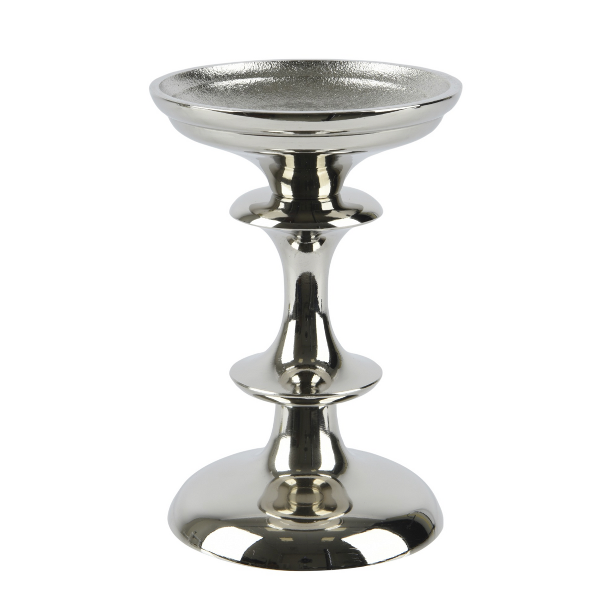 A polished silver metal candle holder with a tiered pedestal design and a wide circular base, shown on a plain white background.