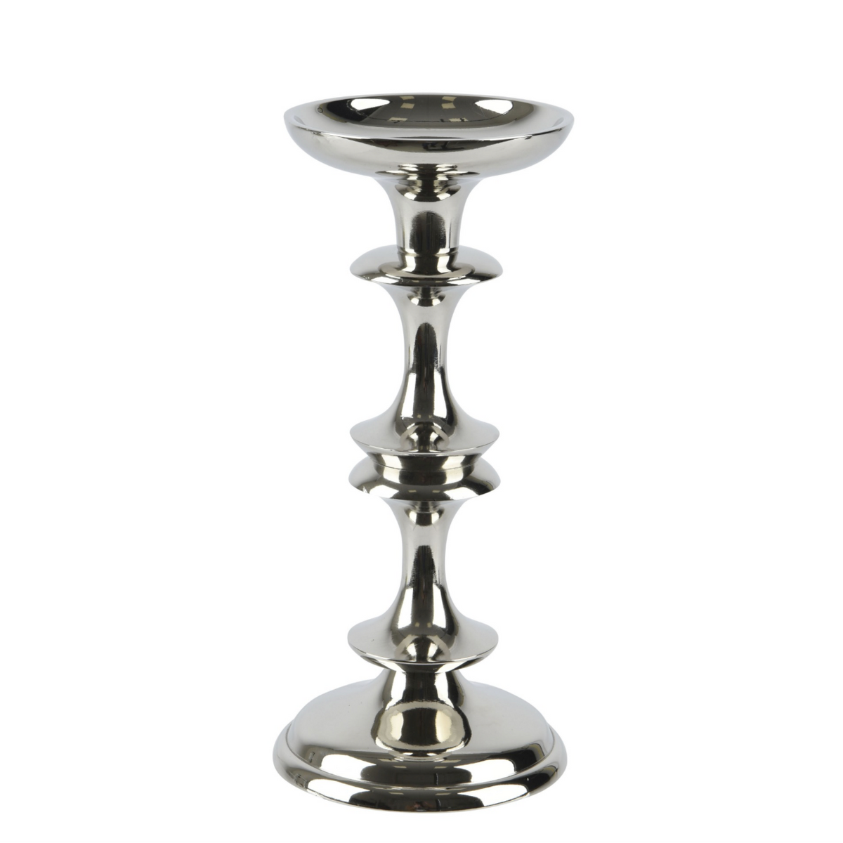 A polished silver metal candlestick holder with a tiered stem and a shallow round cup, shown on a plain white background.