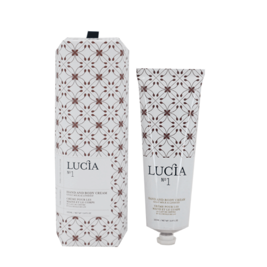 Lucia No.1 Olive and Body Cream shown with its patterned outer box and matching squeeze tube on a plain white background.
