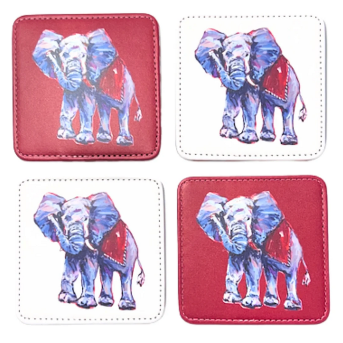 Four square coasters arranged in a 2x2 grid, featuring a painted blue elephant with a red drape on a red or white background.