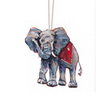 A hanging elephant ornament or decoration shown against a plain white background. The elephant is rendered in a painterly style with gray-blue body tones, a red saddle blanket, and thin hanging strings at the top.