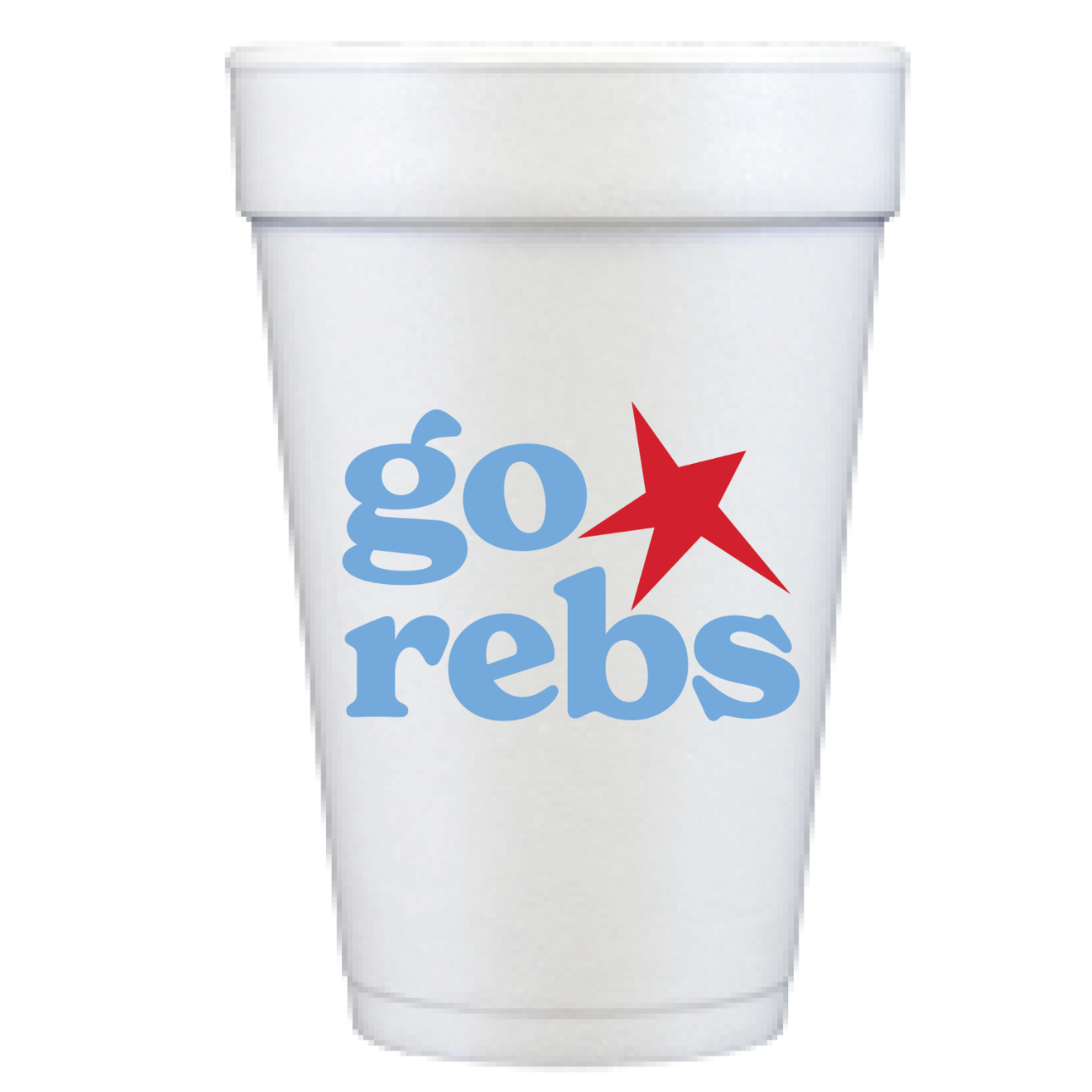 A white foam cup with a printed 'go reb's' logo in blue and red on the front, isolated on a white background.