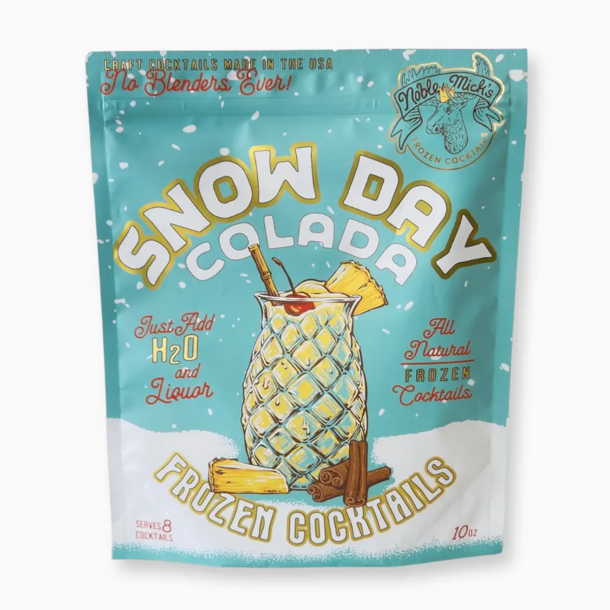 A 10oz resealable pouch of Fruegen Cocktails 'Snow Day Colada' frozen cocktails, featuring a turquoise background with a pineapple cocktail illustration and white snowflake accents.