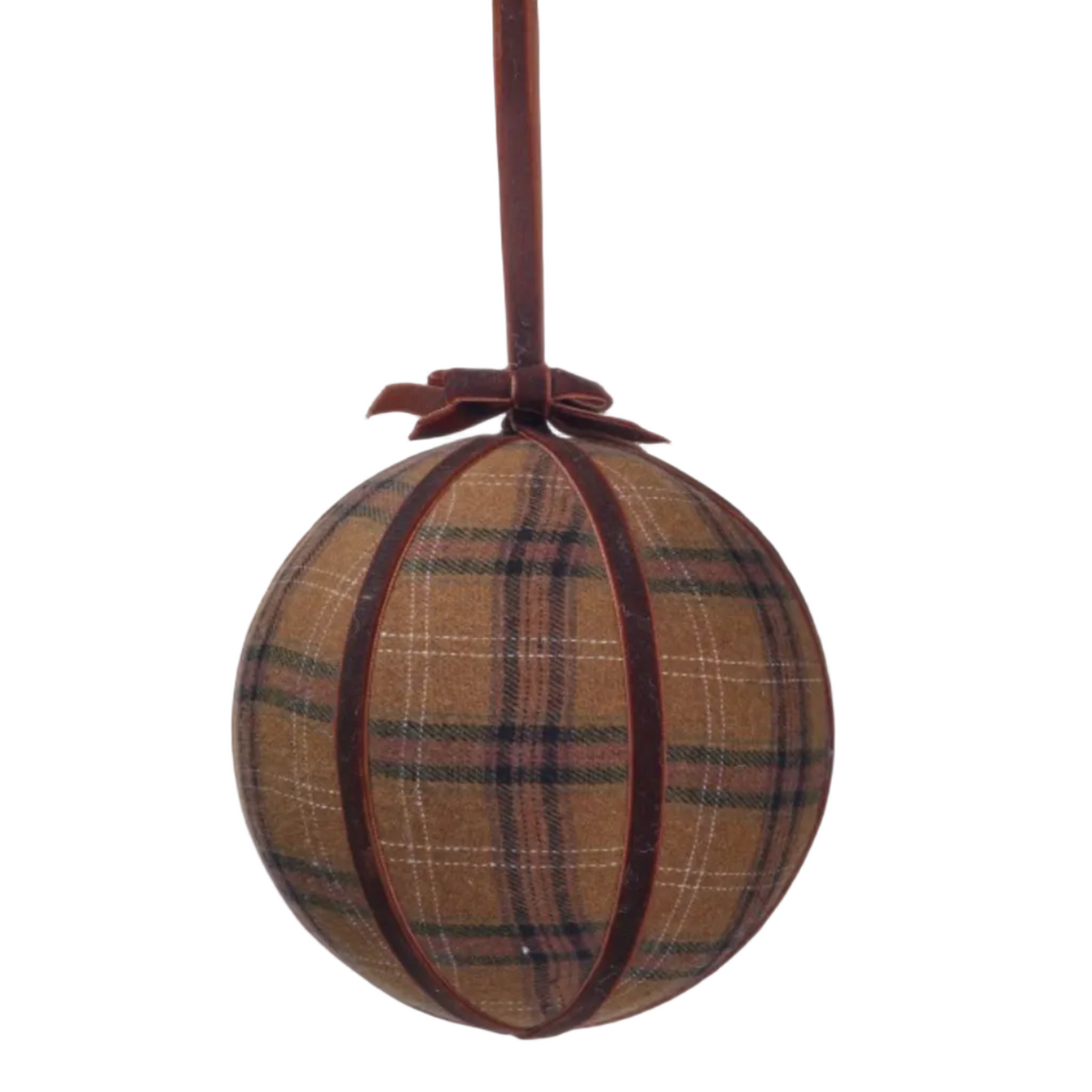 A round hanging ornament made of brown plaid fabric with dark brown trim and a hanging ribbon, shown on a plain white background.
