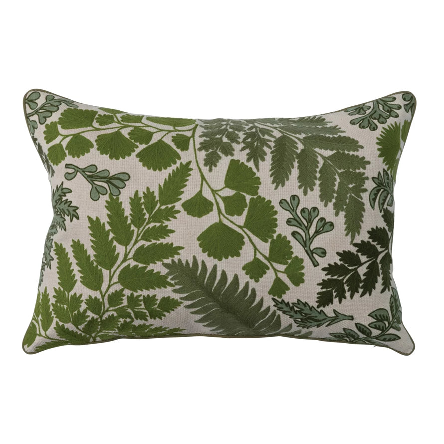 BOTANICAL COTTON EMBROIDERED LUMBAR PILLOW W/GREEN & NATURAL