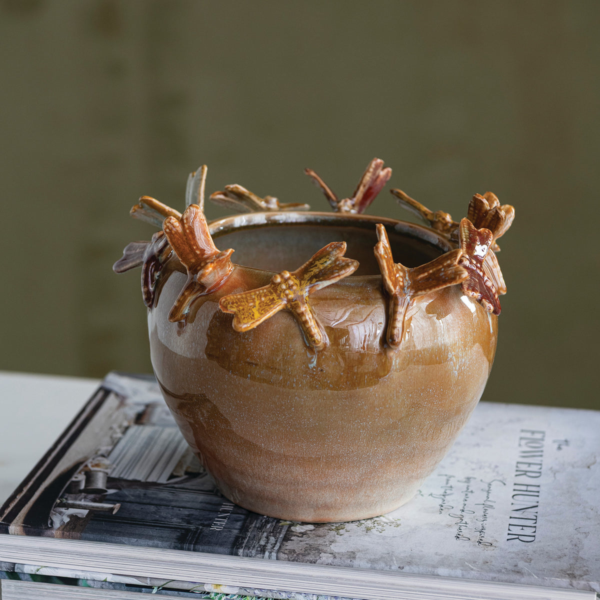 Stoneware Pot with Dragonflies