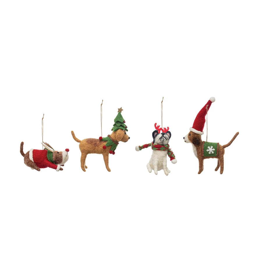 WOOL FELT DOGS IN HOLIDAY OUTFITS ORNAMENTS