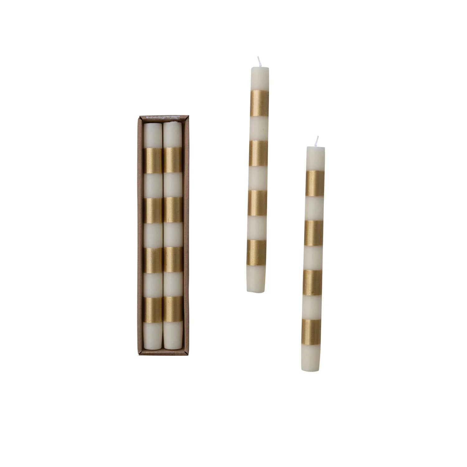 Three striped taper candles with alternating cream and metallic gold bands, shown with two candles standing upright and one set of three in a brown rectangular gift box on a white background.