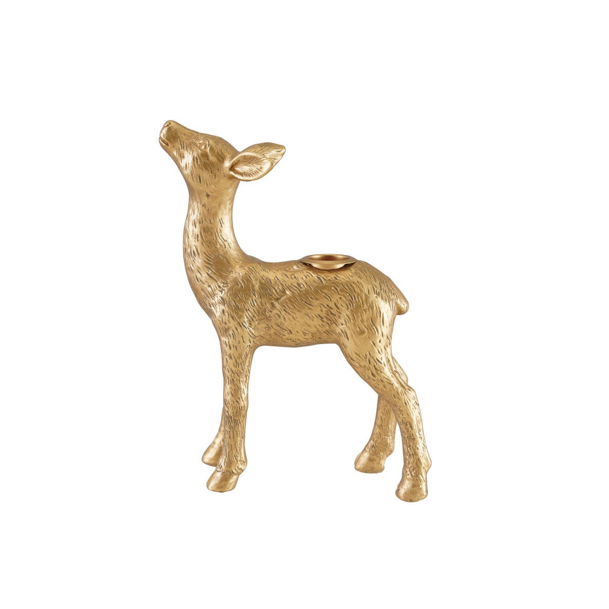 A small deer figurine in a textured gold finish, shown from the side against a plain white background.